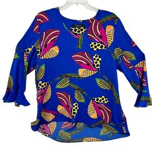 Caleesa Womens Blue Tropical Leaf Print V-Neck Ruffle Cuff High-Low Blouse L